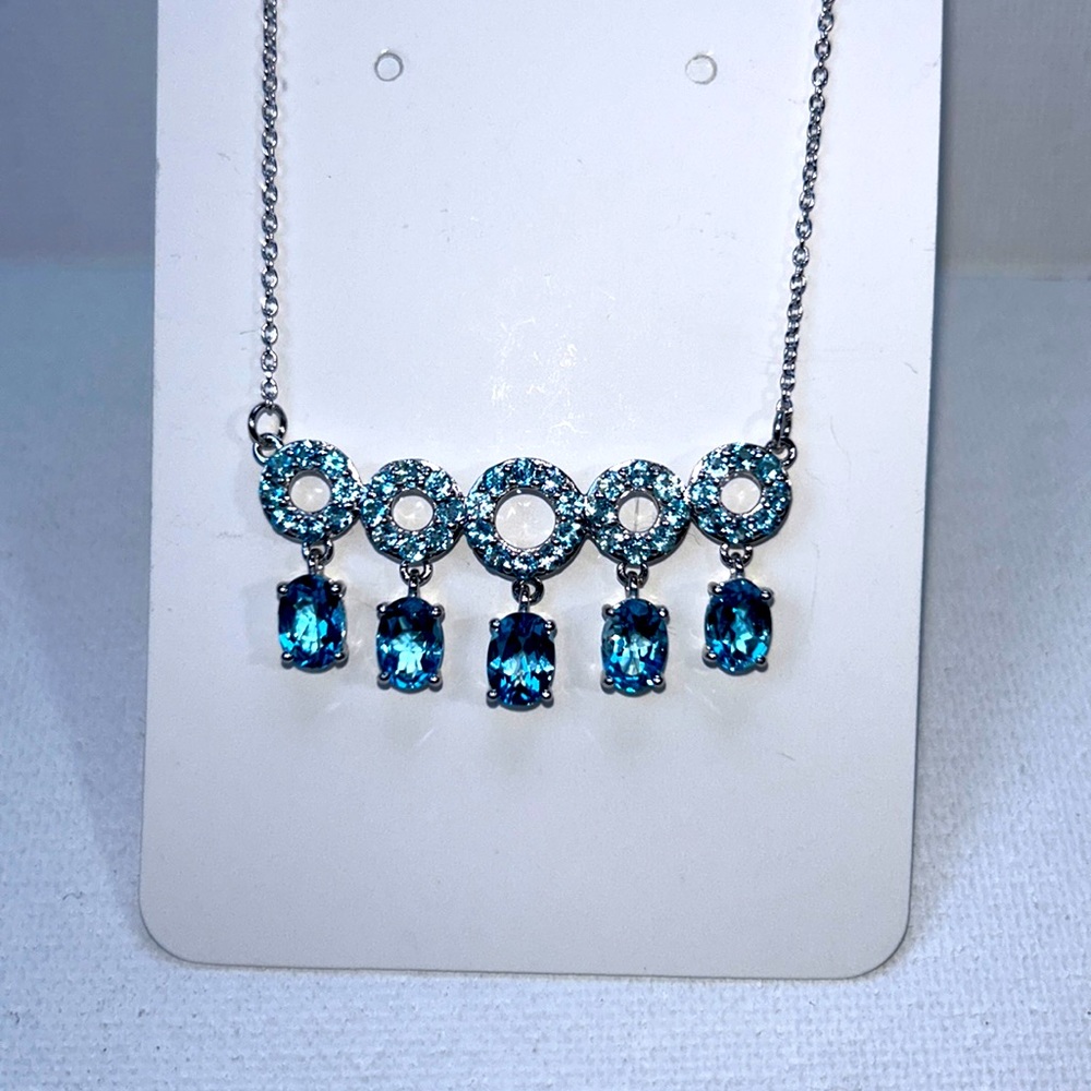 NWOT Sterling Silver & Genuine Blue Topaz Circles With Oval Dangles Necklace